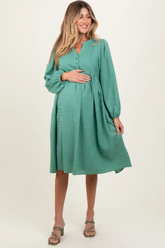 Elevate Your Wardrobe Mint Green Pin Stripe Split Neckline Maternity Midi Dress