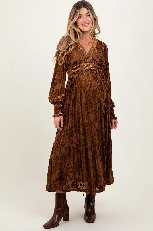 Trendy Pulse Mocha Floral Velvet Overlay Maternity Maxi Dress