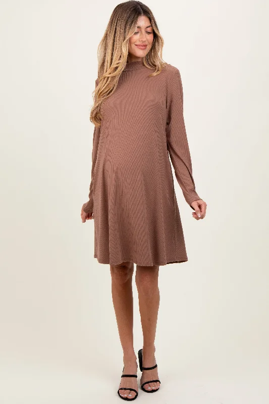 Casual Chic Mocha Ribbed Mock Neck Long Sleeve Basic Maternity Dress