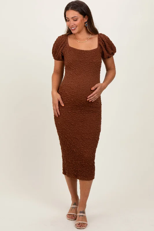 Huge Discounts This Week Mocha Textured Square Neck Puff Sleeve Maternity Midi Dress