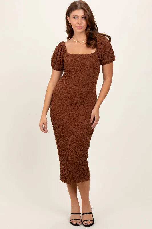 Limited Time Mocha Textured Square Neck Puff Sleeve Midi Dress