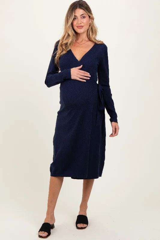 Trendy Street Style Attire Navy Blue Knit Long Sleeve Wrap Maternity Midi Dress