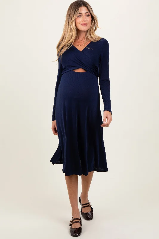 Odd Size Clearance Sale Navy Crossover V-Neckline Long Sleeve Maternity Nursing Dress