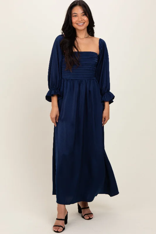 Exclusive Discounts Navy Off Shoulder Satin Pleated Bodice Maxi Dress