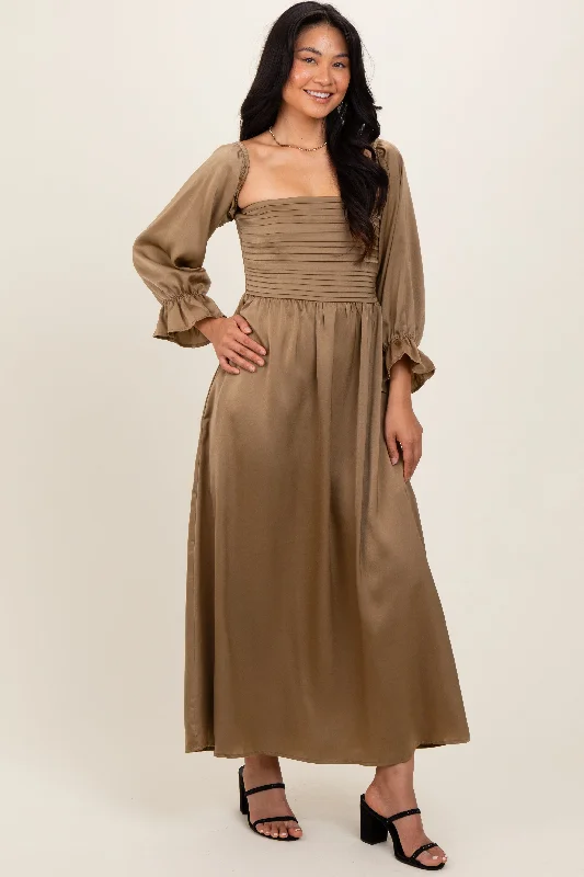 Limited Time Offers Olive Off Shoulder Satin Pleated Bodice Maxi Dress