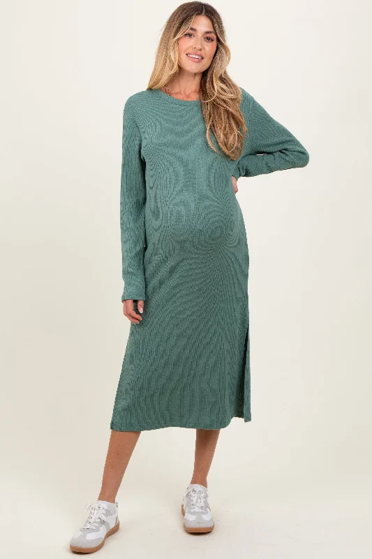 Special Occasion Wear Olive Ribbed Knit Long Sleeve Side Slit Maternity Midi Dress