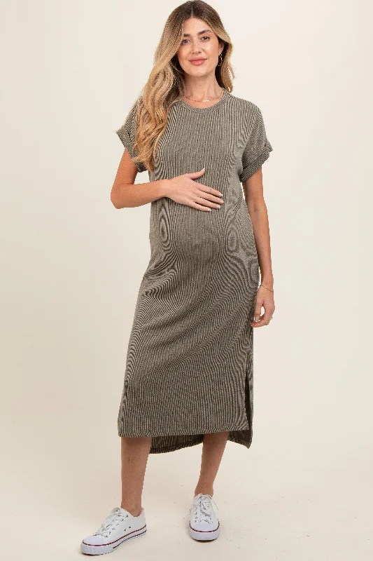 Hot Trends Olive Ribbed Short Sleeve Maternity Midi Dress