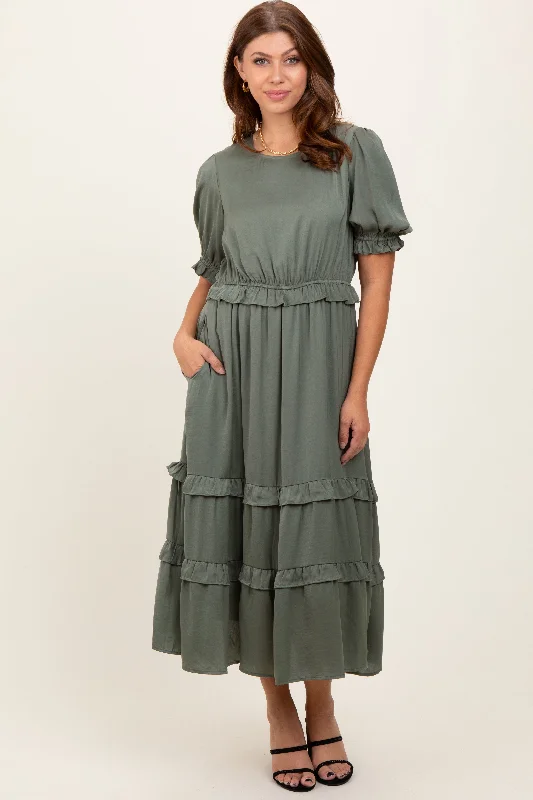 Flash Sale Now Olive Satin Ruffle Trim Midi Dress