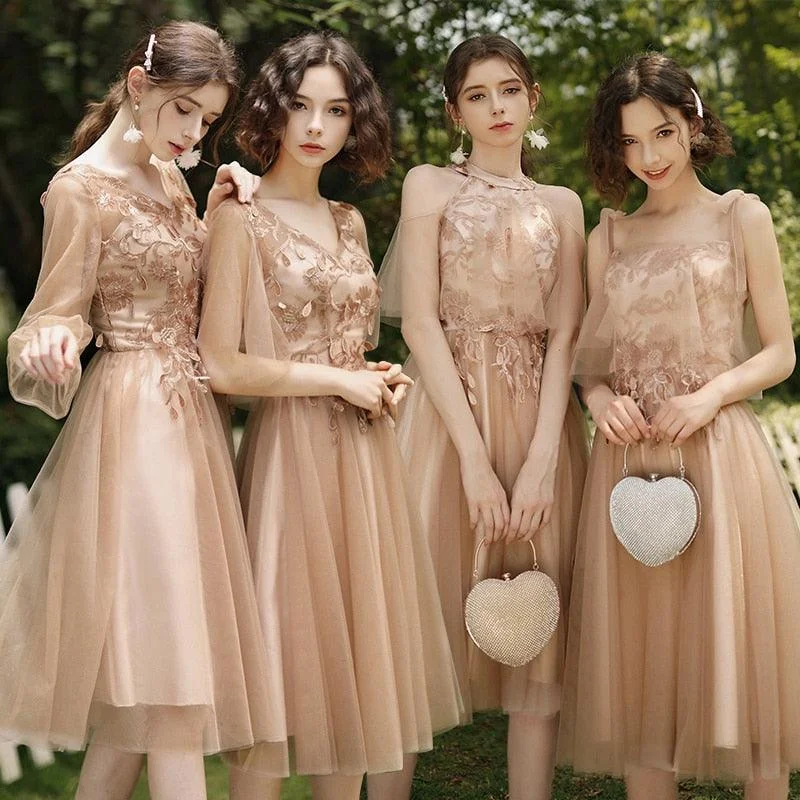 Wardrobe Refresh Pearls Embroidery Vintage Lace Tulle Knee-Length Bridesmaids Dress