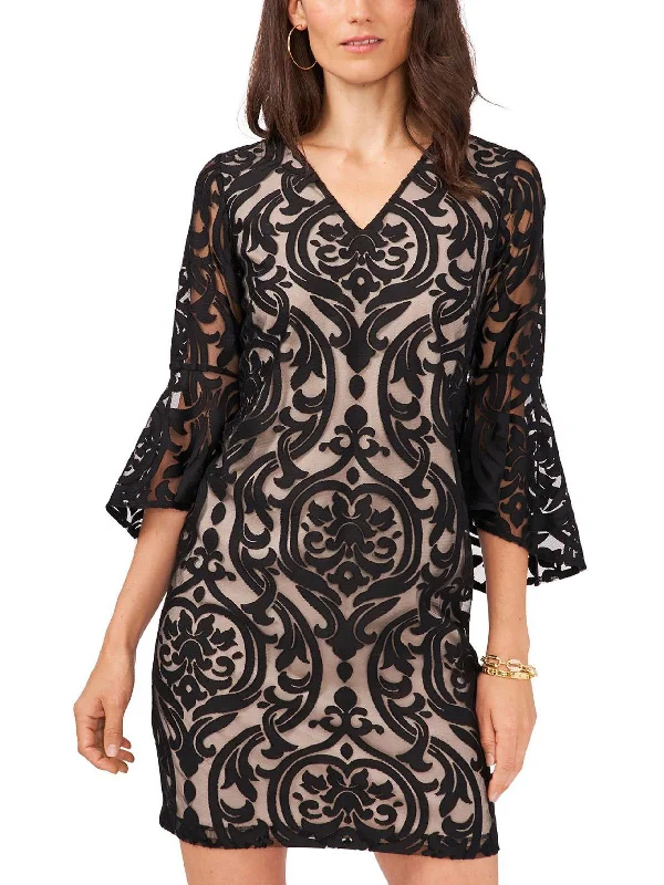 Effortless Chic Apparel Petites Womens Lace Bell Sleeve Midi Dress