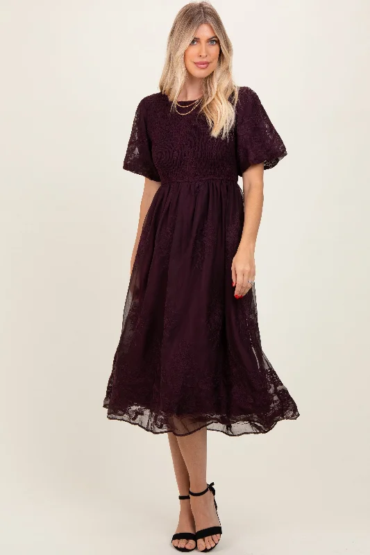 Ride The Style Wave Plum Floral Lace Smocked Midi Dress