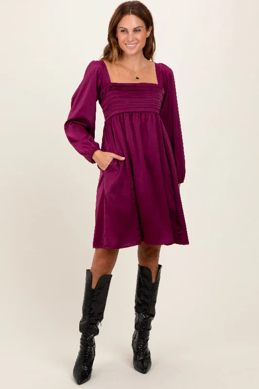 Essentials On Sale Plum Satin Pleated Detail Bodice Dress