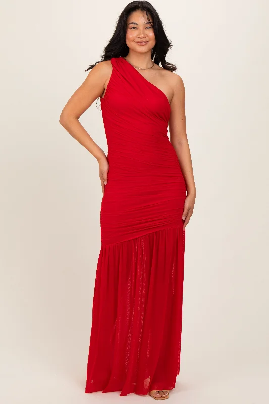 Unbeatable Prices Red Ruched Mesh One Shoulder Maxi Dress