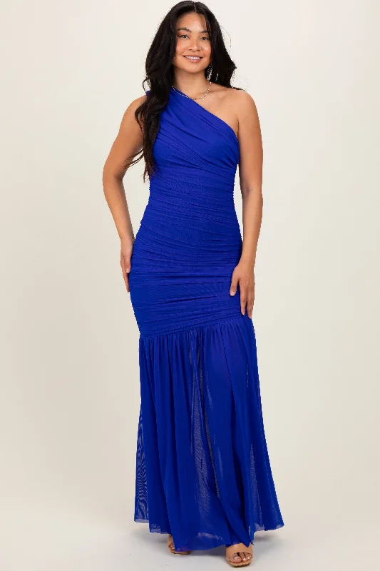 Latest Fashion Royal Blue Ruched Mesh One Shoulder Maxi Dress