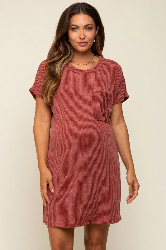 Low Price Special Rust Ribbed Front Pocket Dolman Short Sleeve Maternity Dress