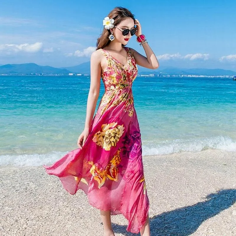 Clearance Event Summer High Quality Elegant Real Silk Beach Dress