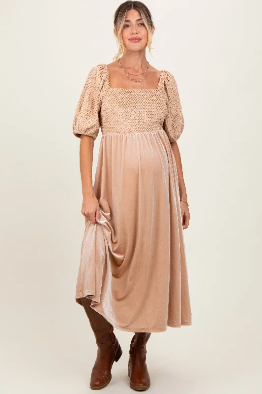 Limited Time Deal Tan Velvet Contrast Square Neck Maternity Midi Dress