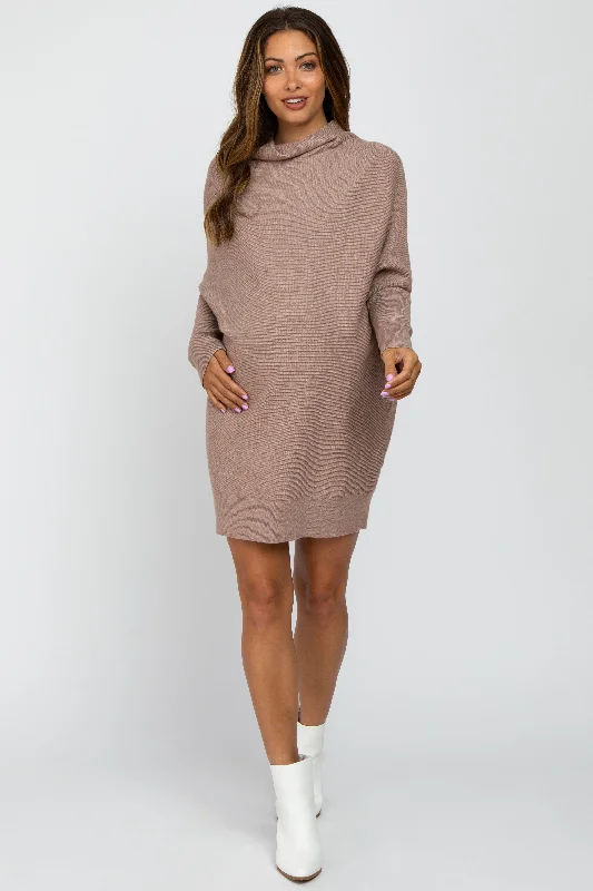 Exquisite Women's Wear Sale Taupe Funnel Neck Dolman Sleeve Maternity Mini Dress