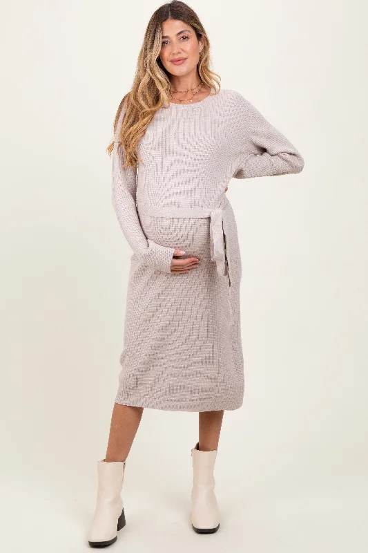 Summer Essentials Taupe Waffle Knit Sash Tie Maternity Midi Sweater Dress