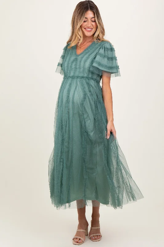 Stylish Savings Teal Ruffle Accent Mesh Overlay Maternity Maxi Dress