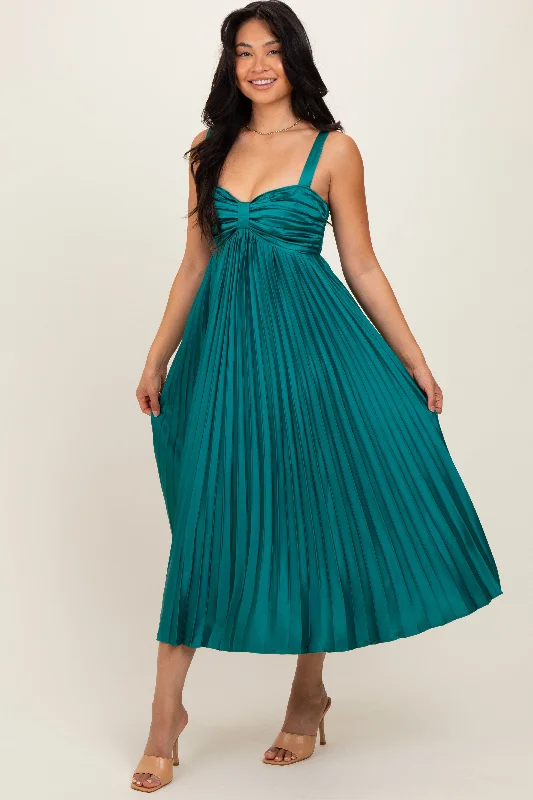 Gift Ideas Teal Satin Pleated Sweetheart Midi Dress