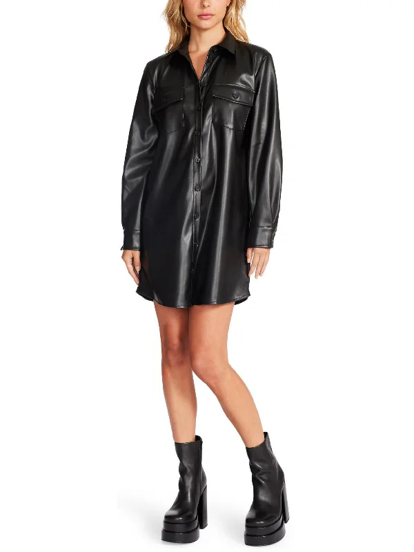 Trendy New Clothes Womens Faux Leather Mini Shirtdress