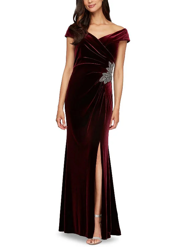 Trendy Threads Womens Velvet Off-The-Shoulder Evening Dress