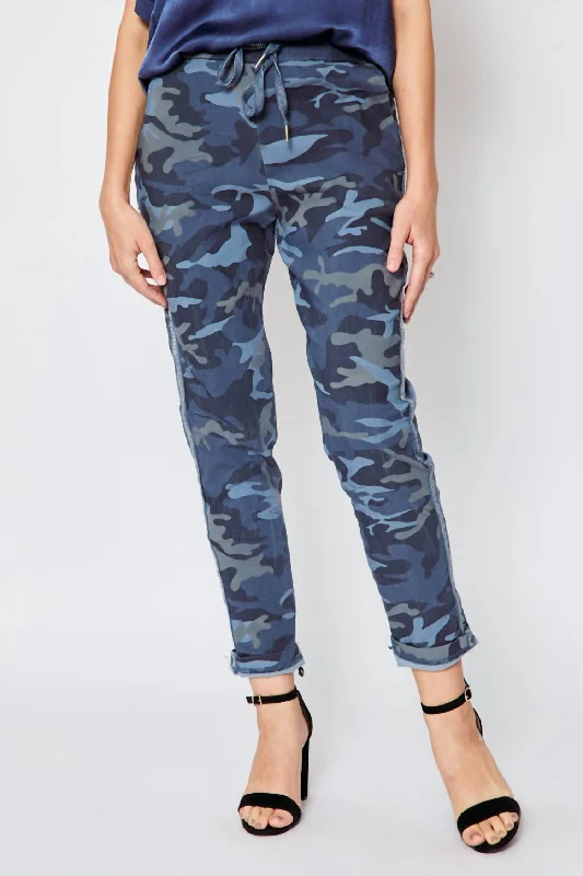 Contemporary Elegance D Style Silver Stripe Camo Pants In Blue Jeans